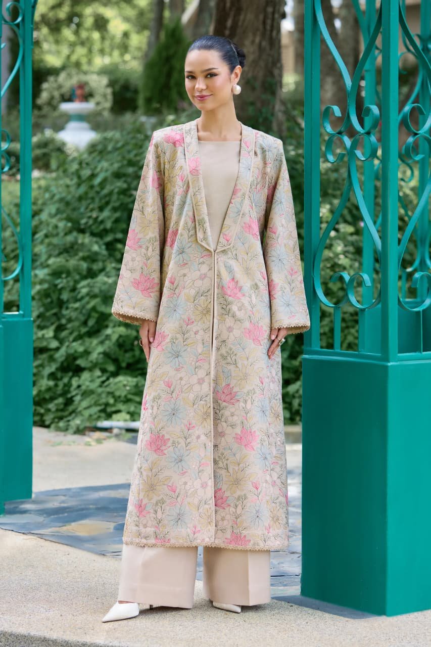 Embroidered Karandi 3-Piece Coat Suit – Beige