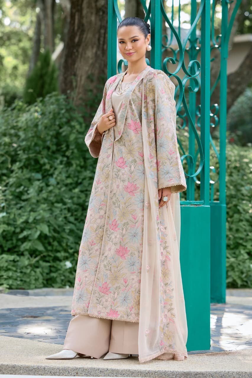 Embroidered Karandi 3-Piece Coat Suit – Beige