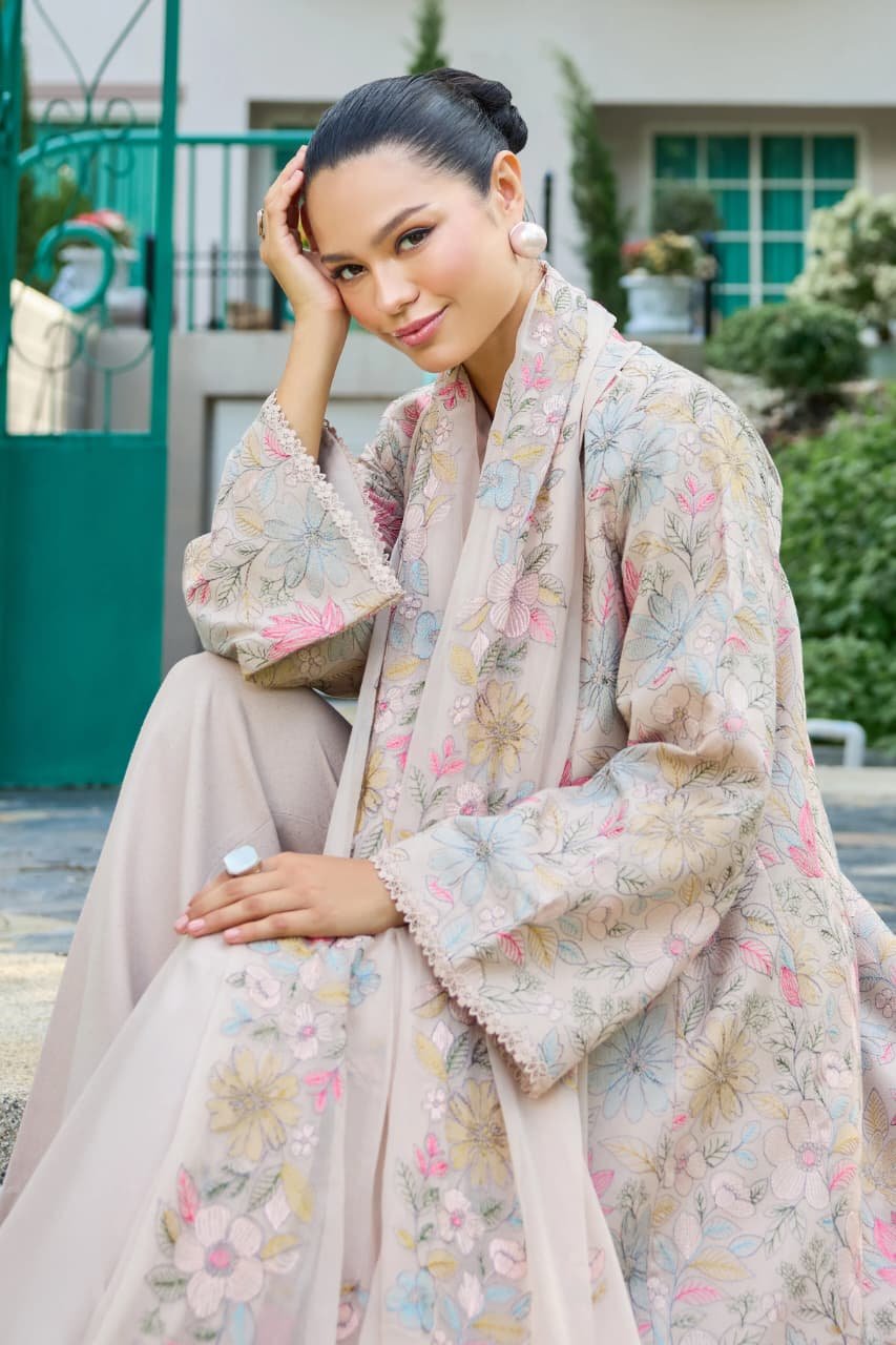 Embroidered Karandi 3-Piece Coat Suit – Beige