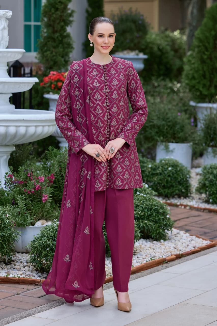 Embroidered Karandi 3-Piece Suit – BNL3108 Maroon – Ellegence Cross Stitch 07