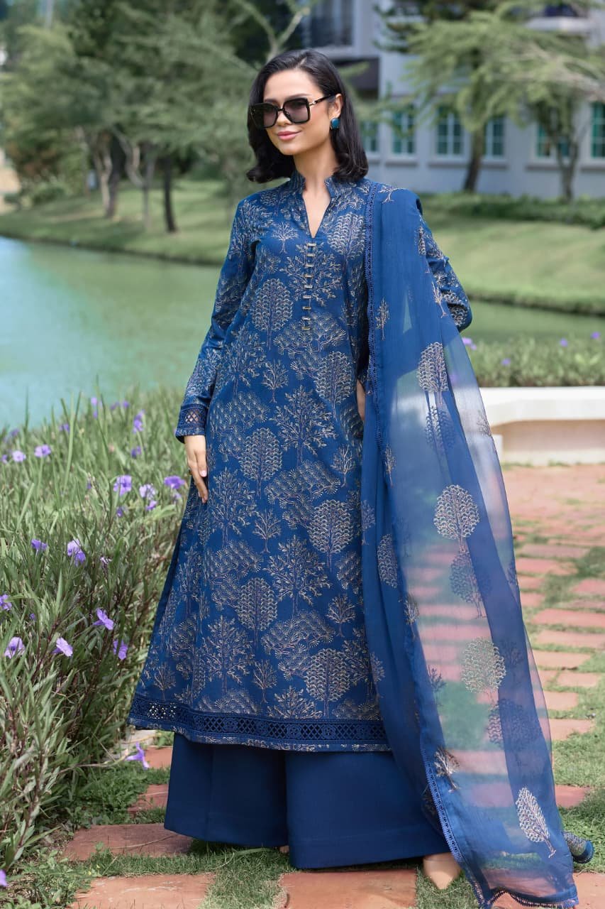 Embroidered Karandi 3-Piece Suit – BNL3134 Navy Blue – Bagh E Javidaan