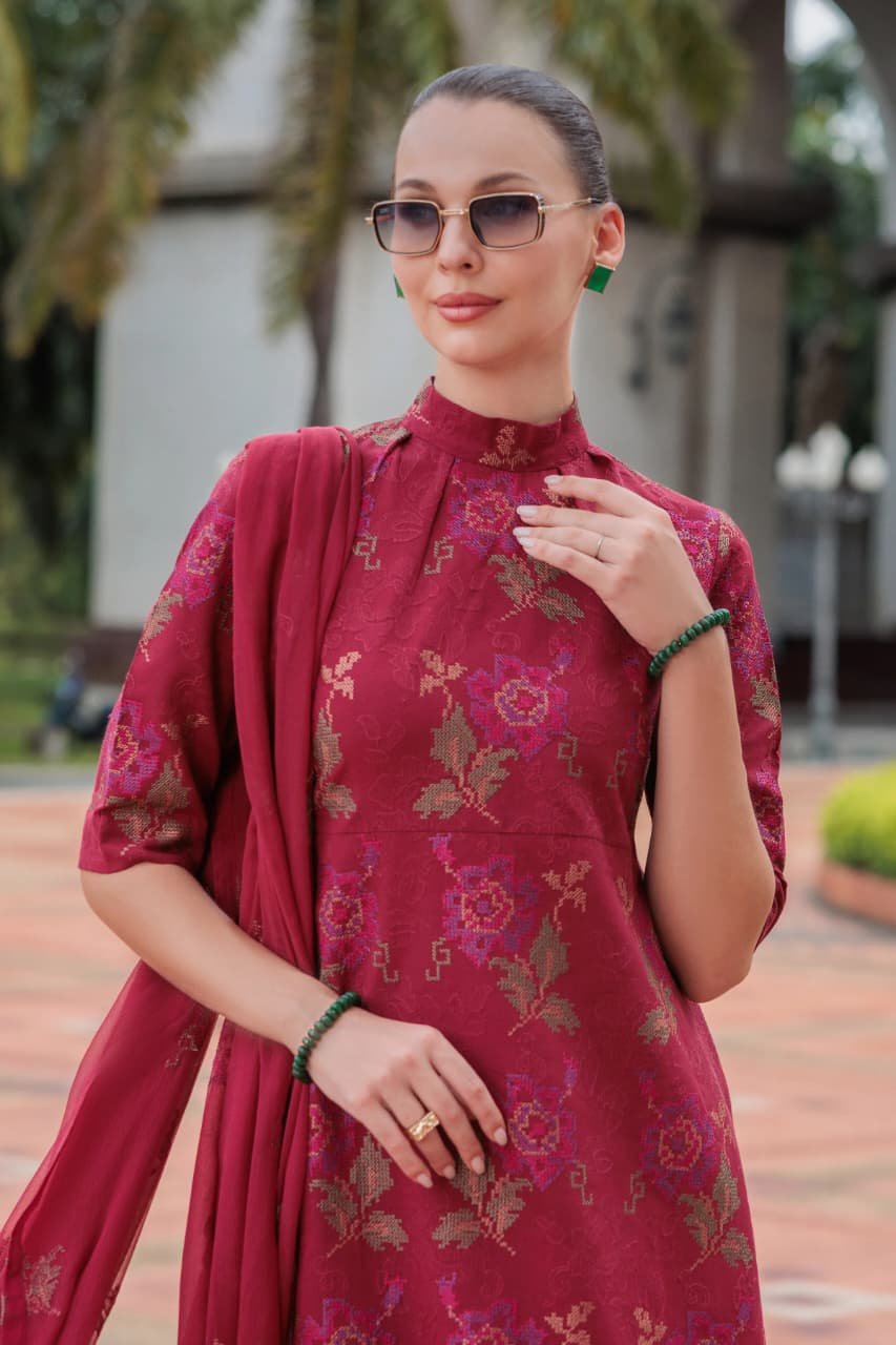 Embroidered Karandi 3-Piece Suit – BNL3160 Red – Modern Cross Stitch