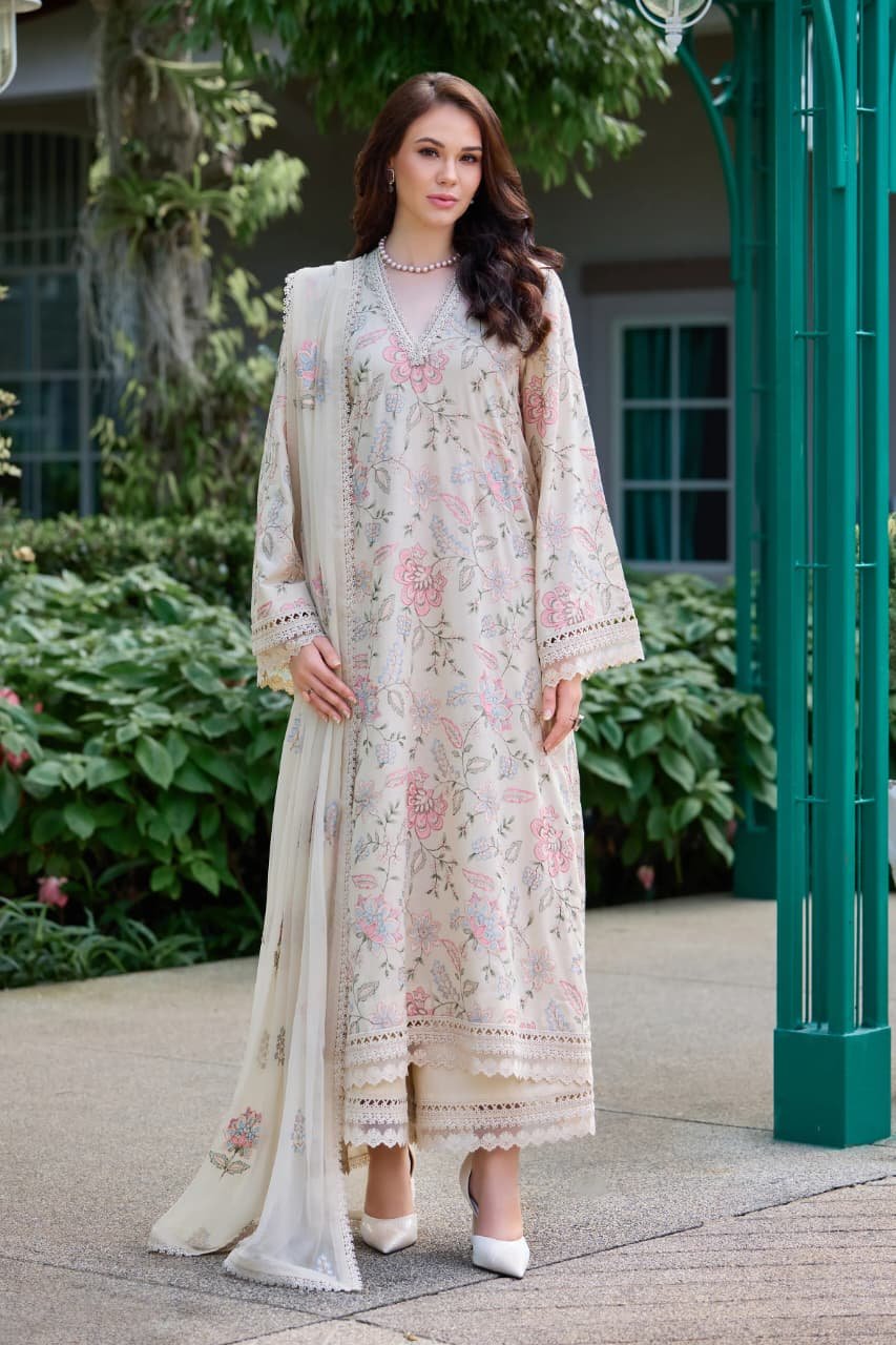Embroidered Karandi 3-Piece Suit – Cream Floral