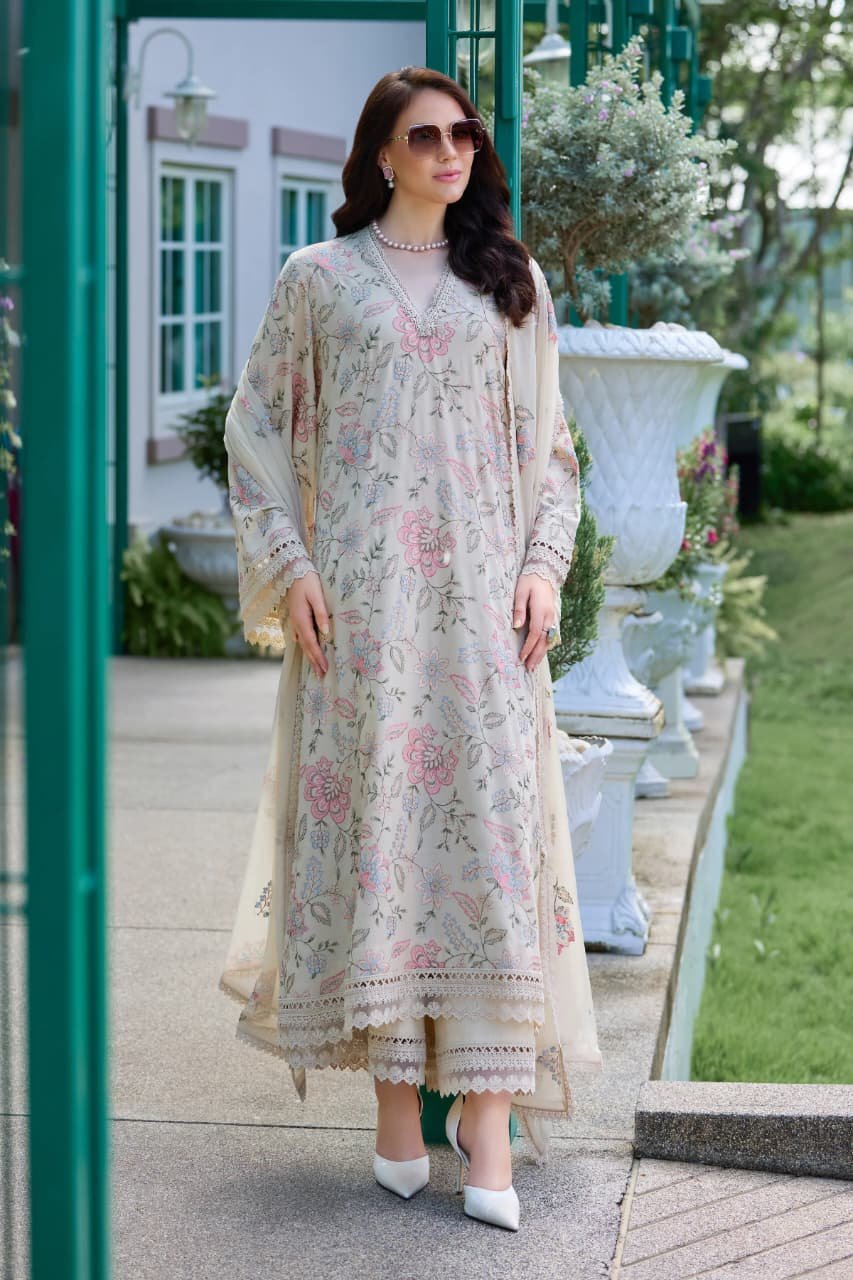 Embroidered Karandi 3-Piece Suit – Cream Floral