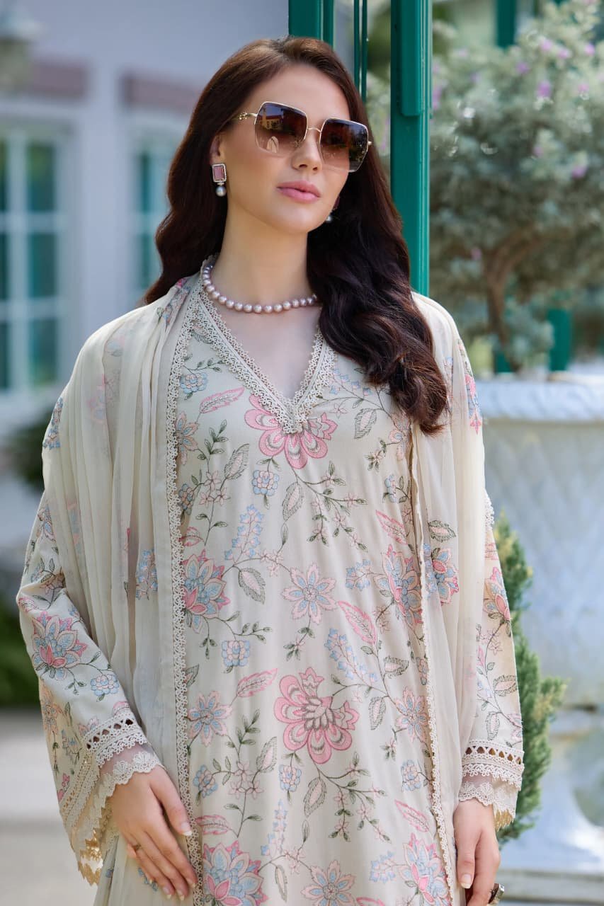 Embroidered Karandi 3-Piece Suit – Cream Floral