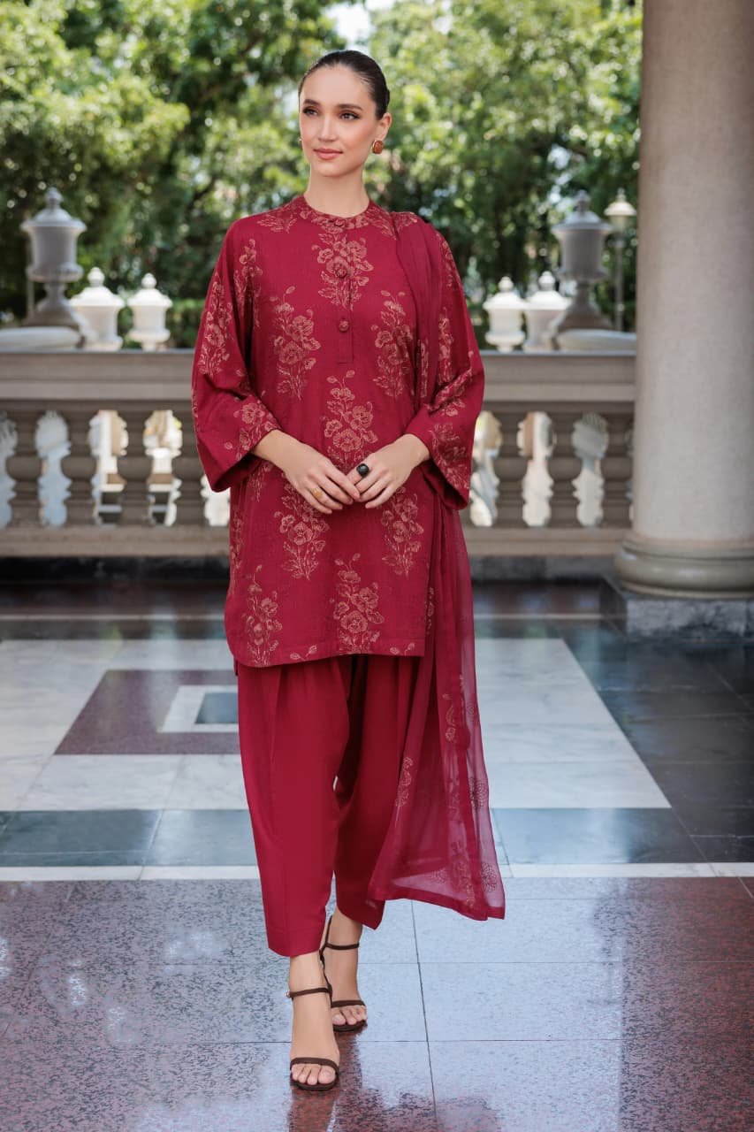Embroidered Karandi 3-Piece Suit – MC1495 Maroon – Sarang Range