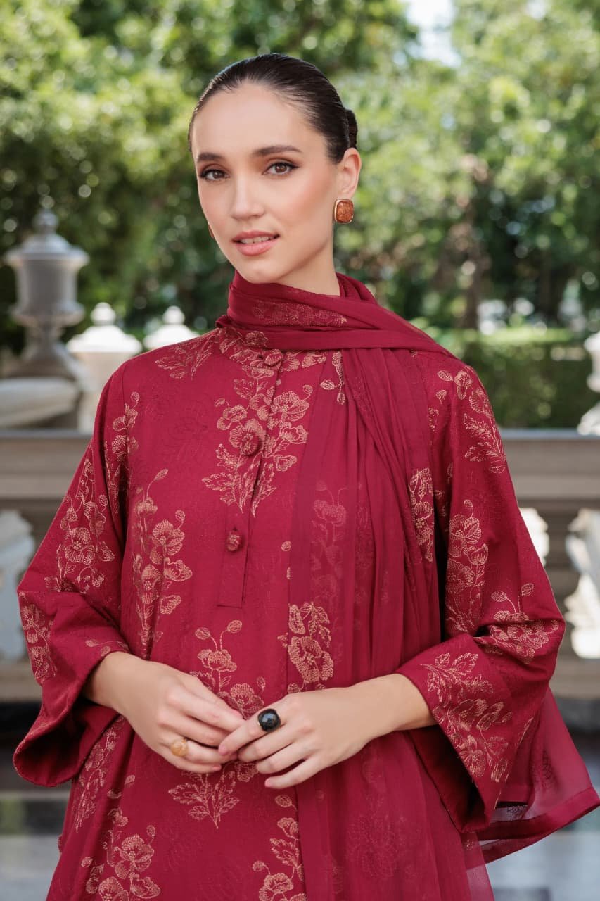 Embroidered Karandi 3-Piece Suit – MC1495 Maroon – Sarang Range