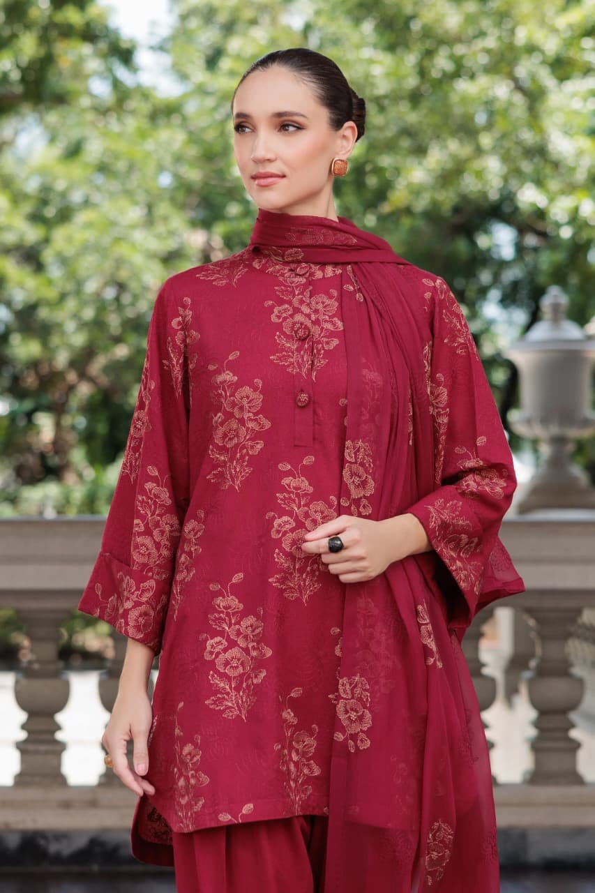 Embroidered Karandi 3-Piece Suit – MC1495 Maroon – Sarang Range