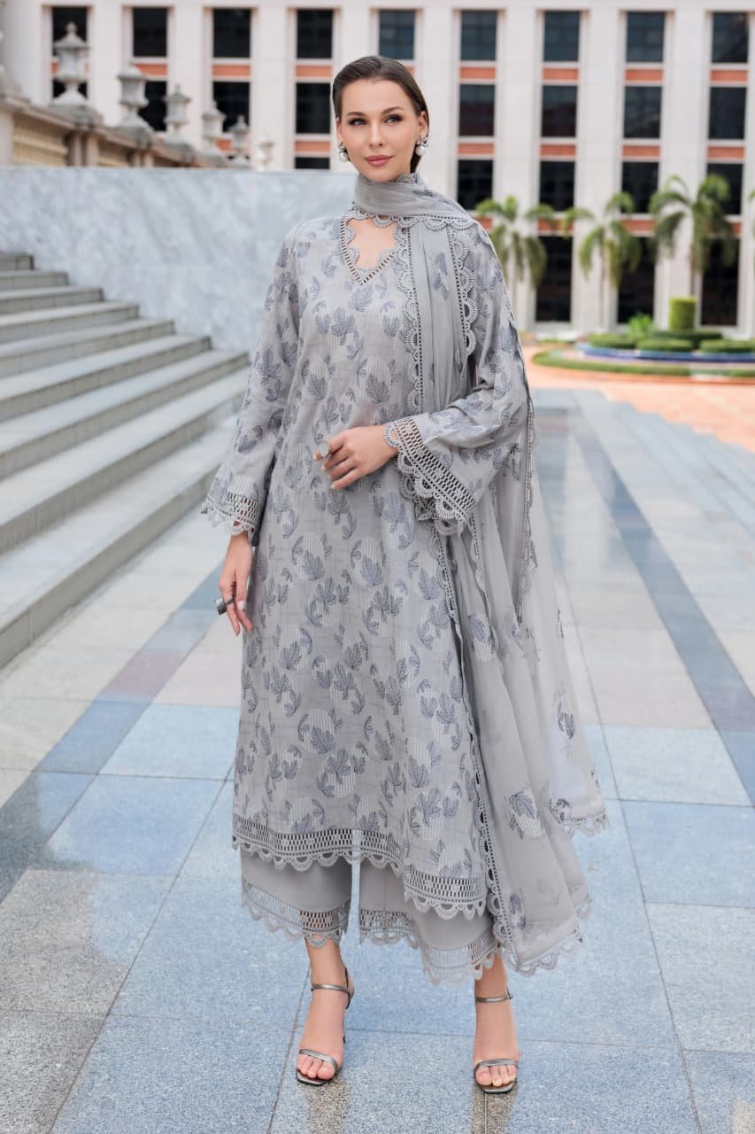 Embroidered Karandi 3-Piece Suit – MC1607 Grey – Oak Leaf
