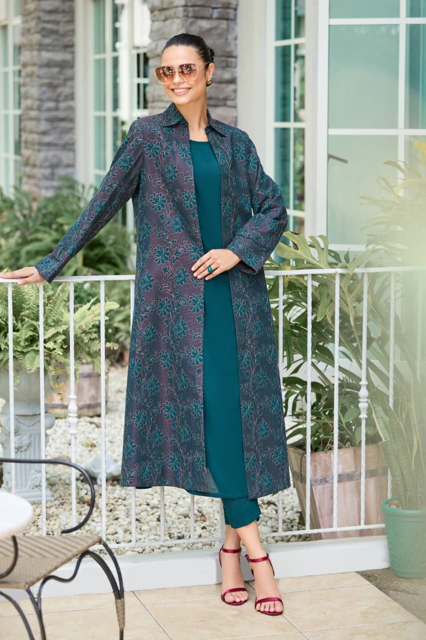 Embroidered Karandi 3-Piece Coat Suit – Teal