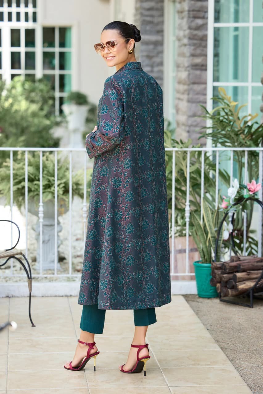 Embroidered Karandi 3-Piece Coat Suit – Teal